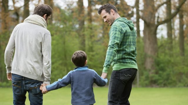 Rear view of a boy walking with two men in a park